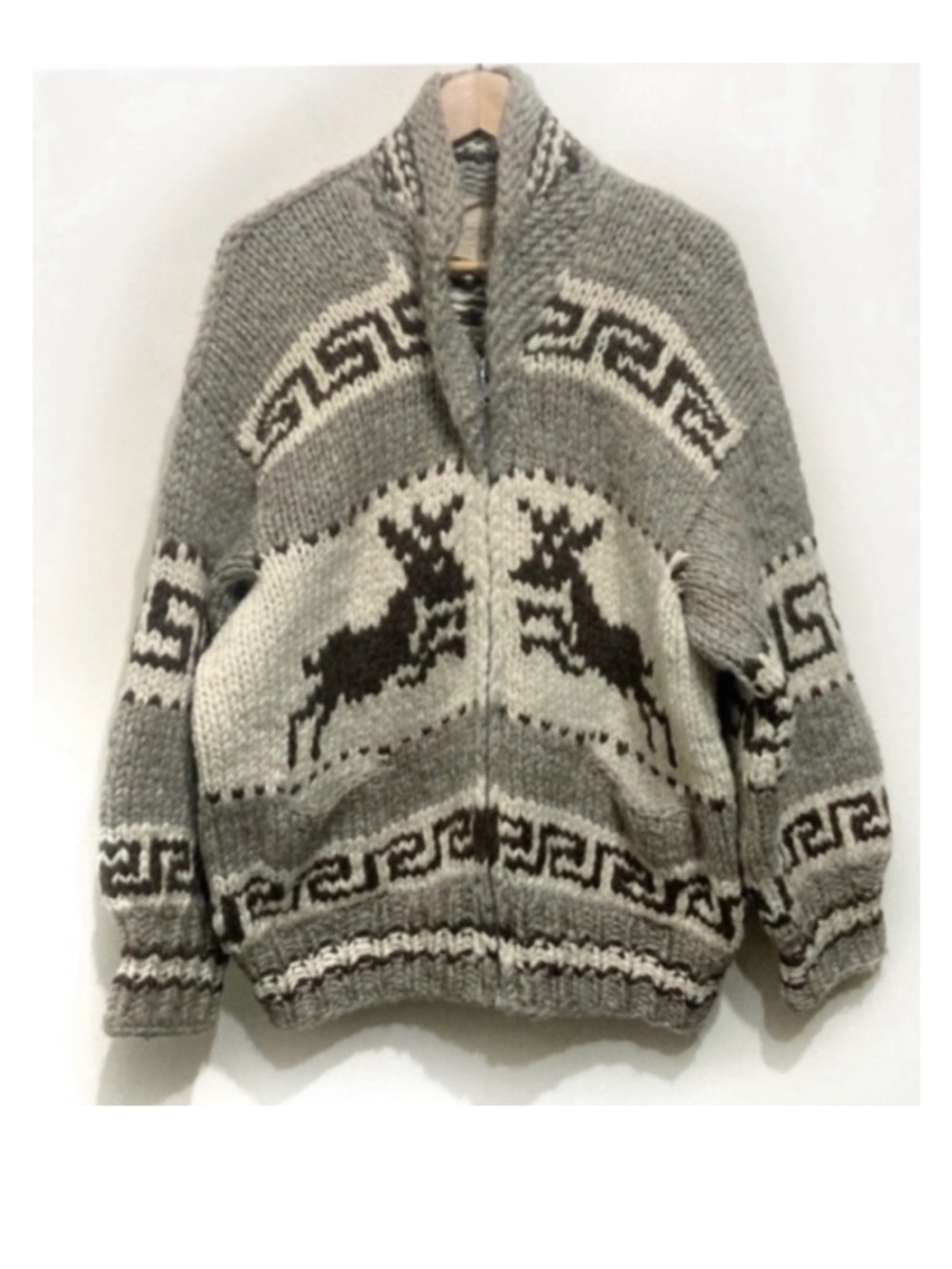 Vintage 60s Authentic Cowichan Zip Up Sweater Wool Jacket Size Large-XL Elk Deer